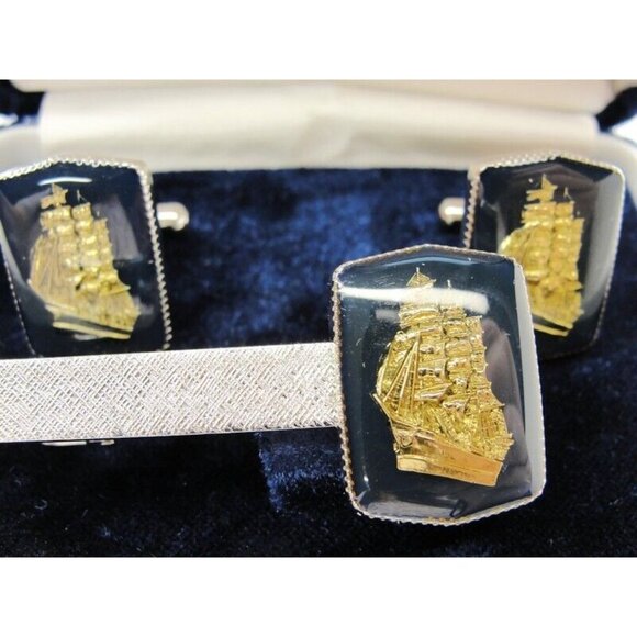 Gold Tone Ships Cufflinks & Neck Tie Clip Set Silver Tone Formal IOB Vintage - Picture 3 of 9